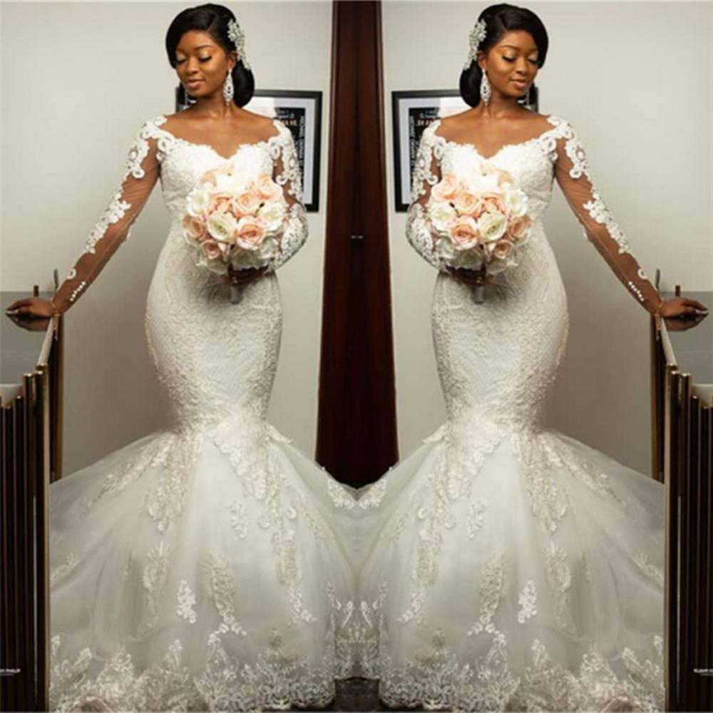 Gorgeous Sweetheart Appliques Mermaid Wedding Dresses Long-Sleeves Lace Bridal Gowns On Sale plus size wedding Gowns Vestidos De Novia