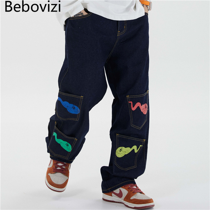 Bebovizi Hip Hip Tadpole Print Denim Pants Streetwear Denim Pants Men Harajuku Multi-pocket Trousers Joggers Cotton