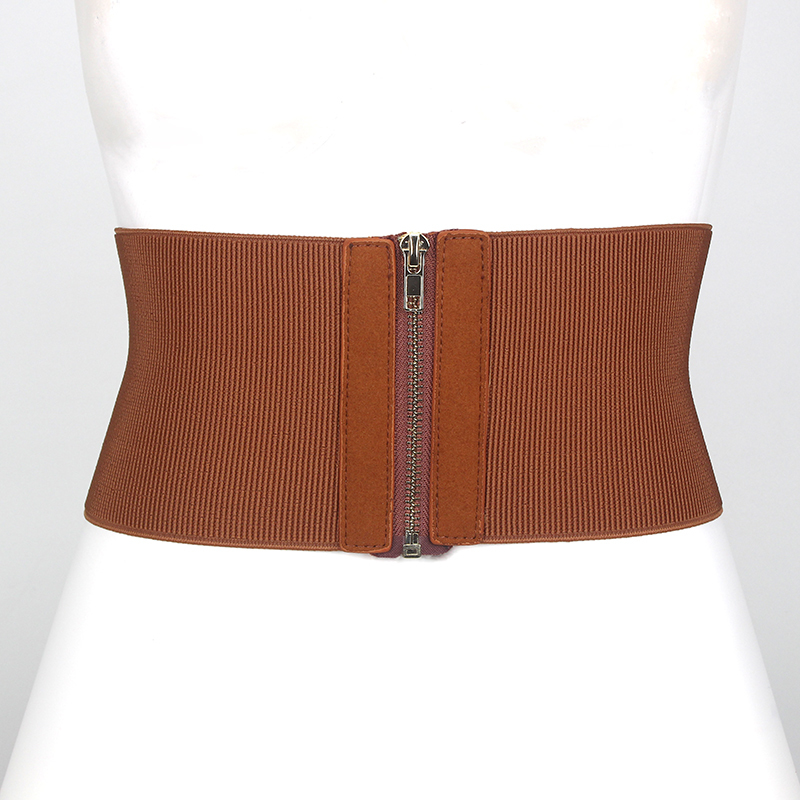Women Solid Zipper Wide Cummerbund Elastic Waist Belt Stretch Waistband Thin Fashion Khaki Camel Black 200-A953 CX200722