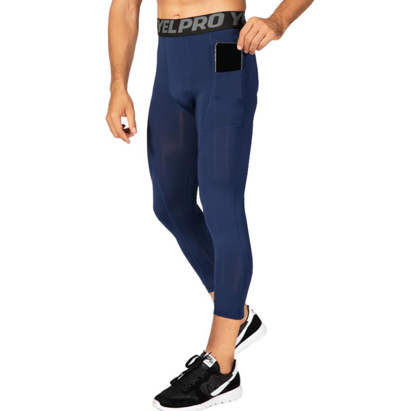 3/4 Length Compression Pants Men Basketball Leggings Mens Workout Capri Legging Fitness Men With Pockets Gym Tights