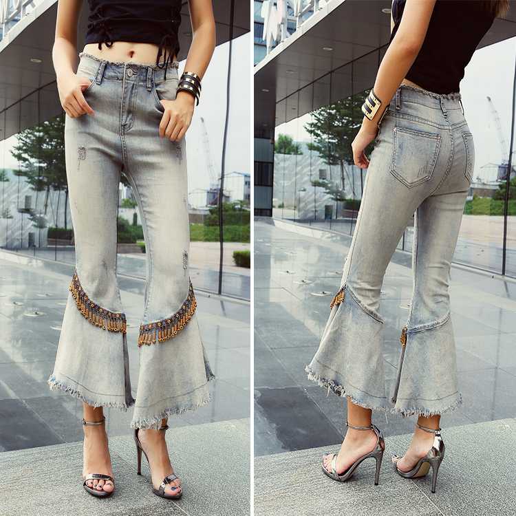 Washed Ankle-Length-pants Jeans women' beaded Denim pants old elastic heavy work tassel Slim flared pants High waist trousers
Washed Ankle-Length-pants Jeans women' beaded Denim pants old elastic heavy work tassel Slim flared pants High waist trousers