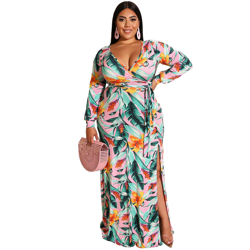 Plus Size 2020 Lagre Dress Tight-Fitting Sexy Bag Hip High-split Women Dress Long Sleeves Printed Long Women's Dress Cheap