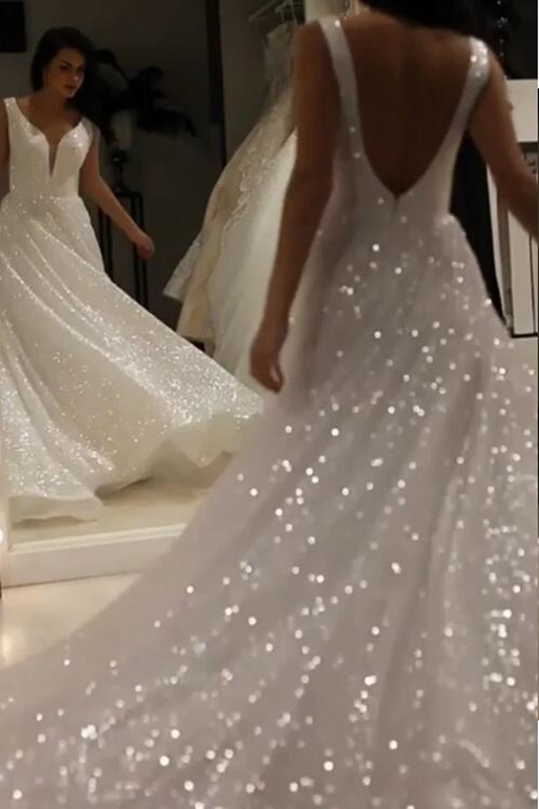 2020 Glitter Princess Wedding Dress Deep V Neck Bling A Line Sexy shiny beauty Bridal Dress Wedding Gowns Vestido Novia