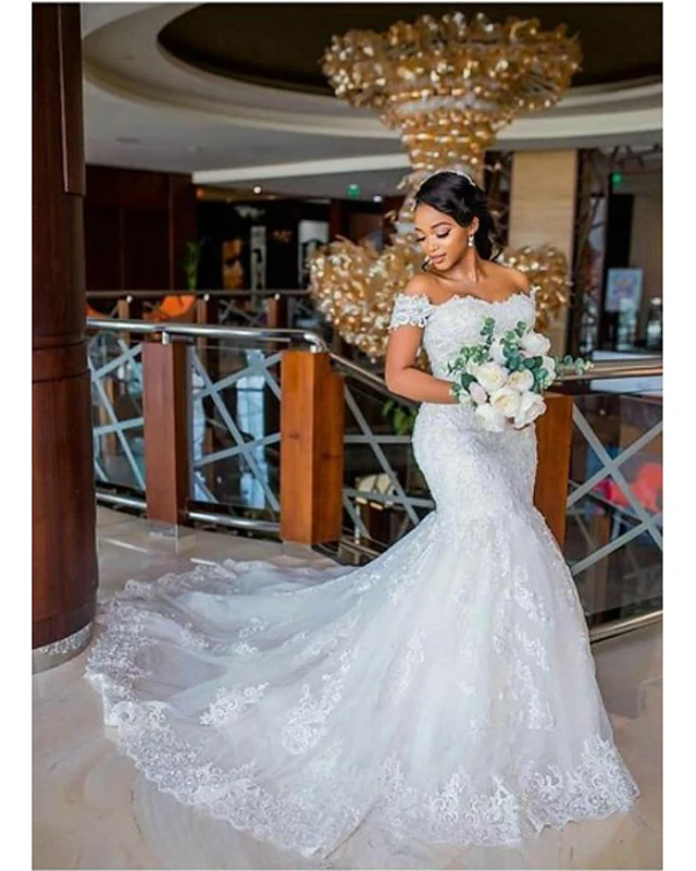 Mermaid / Trumpet Wedding Dresses Off Shoulder Chapel Train Lace Tulle Lace Over Satin Regular Straps Sexy Plus Size with Appliques, White
Mermaid / Trumpet Wedding Dresses Off Shoulder Chapel Train Lace Tulle Lace Over Satin Regular Straps Sexy Plus Size with Appliques, White