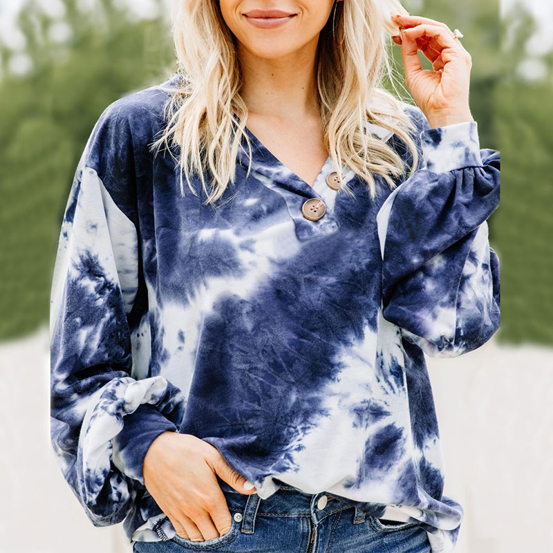 Women Tie-Dye V Neck Buttoned Sweatshirt No Hood Lady Folds Full Lantern Sleeve Sweatshirts 2020 Female Autumn Casual Clothes, Blue
Women Tie-Dye V Neck Buttoned Sweatshirt No Hood Lady Folds Full Lantern Sleeve Sweatshirts 2020 Female Autumn Casual Clothes, Blue