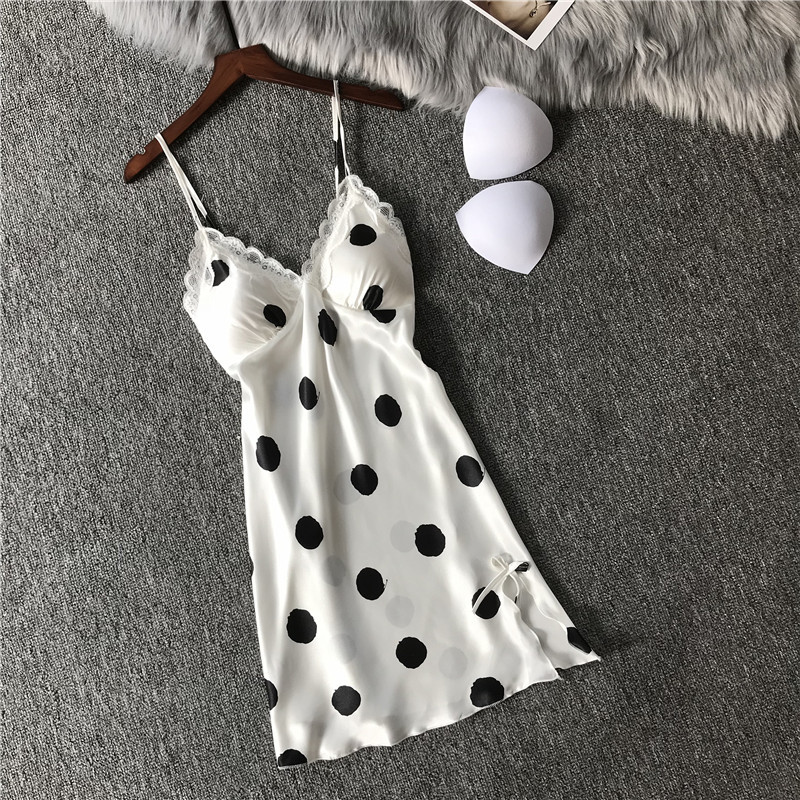 New Style Lady Summer Nightgown White V-neck Dot Print Lace Trim Sexy Spaghetti Strap Nightdress With Bra Casual Nightdress
New Style Lady Summer Nightgown White V-neck Dot Print Lace Trim Sexy Spaghetti Strap Nightdress With Bra Casual Nightdress