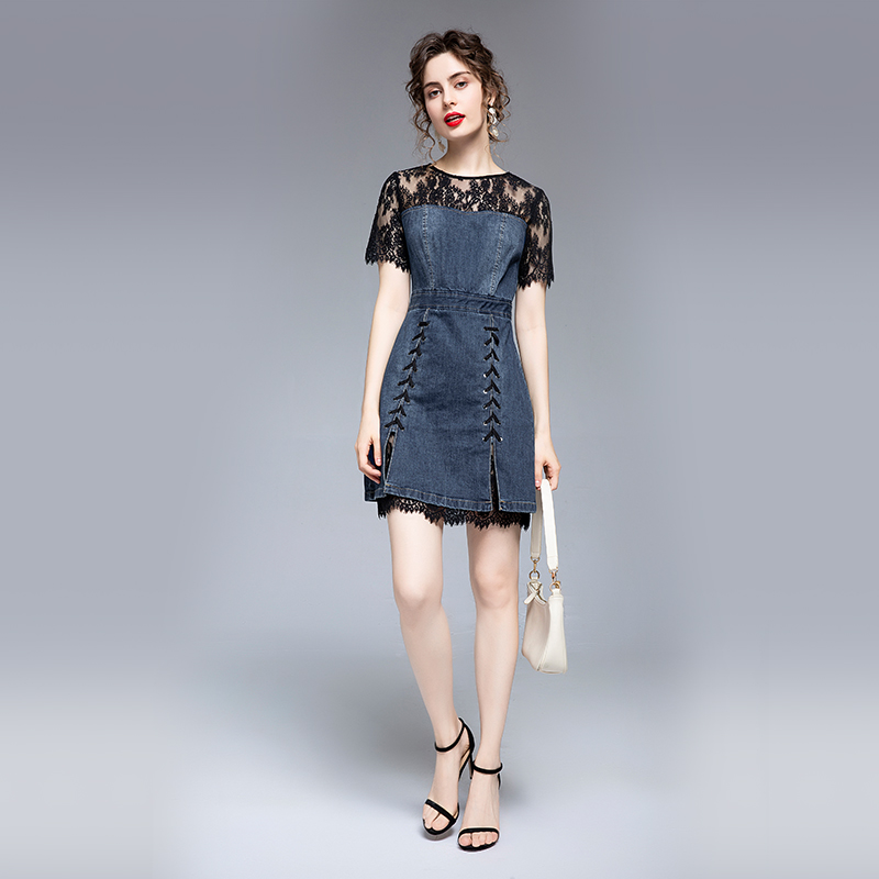 Women's high waist short sleeve stitching lace cross straps cotton mini short denim dress, Dark blue
Women's high waist short sleeve stitching lace cross straps cotton mini short denim dress, Dark blue