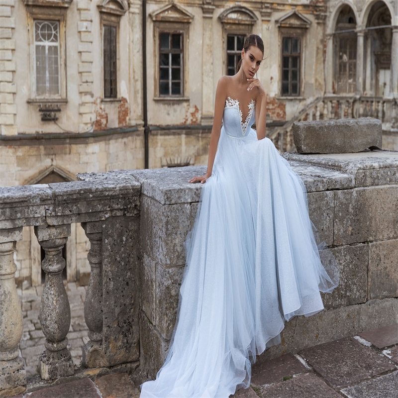 light sky blue bling aline wedding dresses illusion custom made backless appliqued sequins bridal gown sweep train boho bridal gown