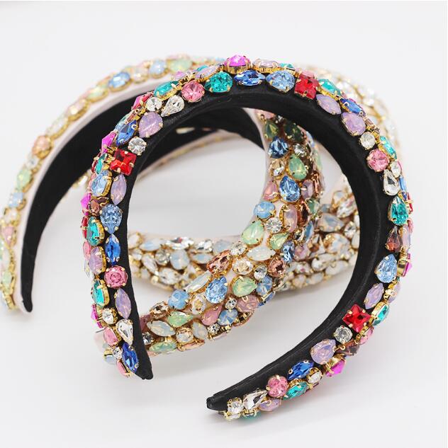 Gorgeous Baroque Hair Jewelry Bohemian Padded Crystal Crown Headbands Exaggerated Rhinestone Tiara Hairbands For Women Wedding