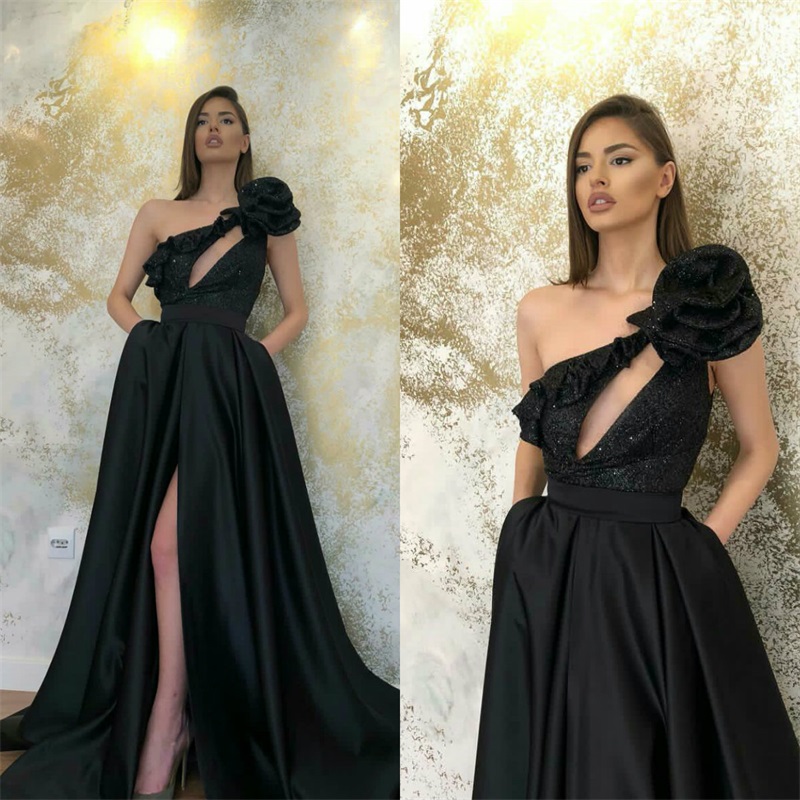 One-shoulder Gorgeous Black A-line High-split Bling Sequins Evening Dresses Formal Ruched Satin Prom Dress Custom Made Long Party Gown