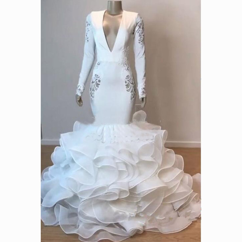 Gorgeous White Ruffles Skirt Mermaid Wedding Dress Long Sleeves Plus Size Beach Party Gowns Seaside Wedding Dresses