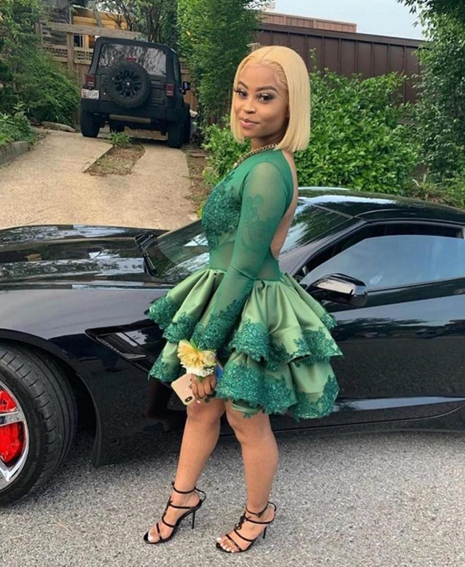 Dark Green Jewel Neck Long Sleeve Backless Homecoming Dresses Illusion Appliques Lace Ruched Tiered Satin A Line Cocktail Party Dress