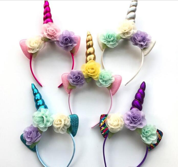 Children's headban Glitter Metallic Unicorn Headband Girls Chiffon Flowers Hairband For Kids leaf flower Unicorn Horn Party Hair Accessories