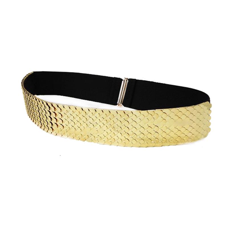 Elastic Black Belt Women Gold Belt Metal Fish Skin Scales Decorated Belts Stretch Waistband Punk Patchwork Female Dress Girdle