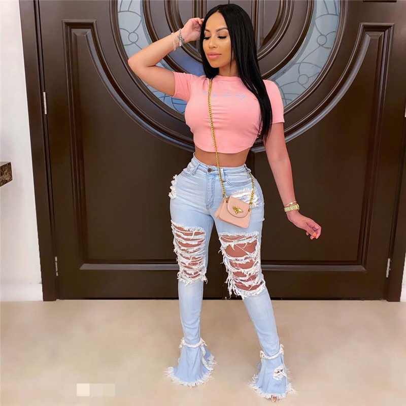 2020 New Stacked Jeans Casual Flare Jeans Plus Size Pants Flare Bottom Women Fashion Ripped Denim