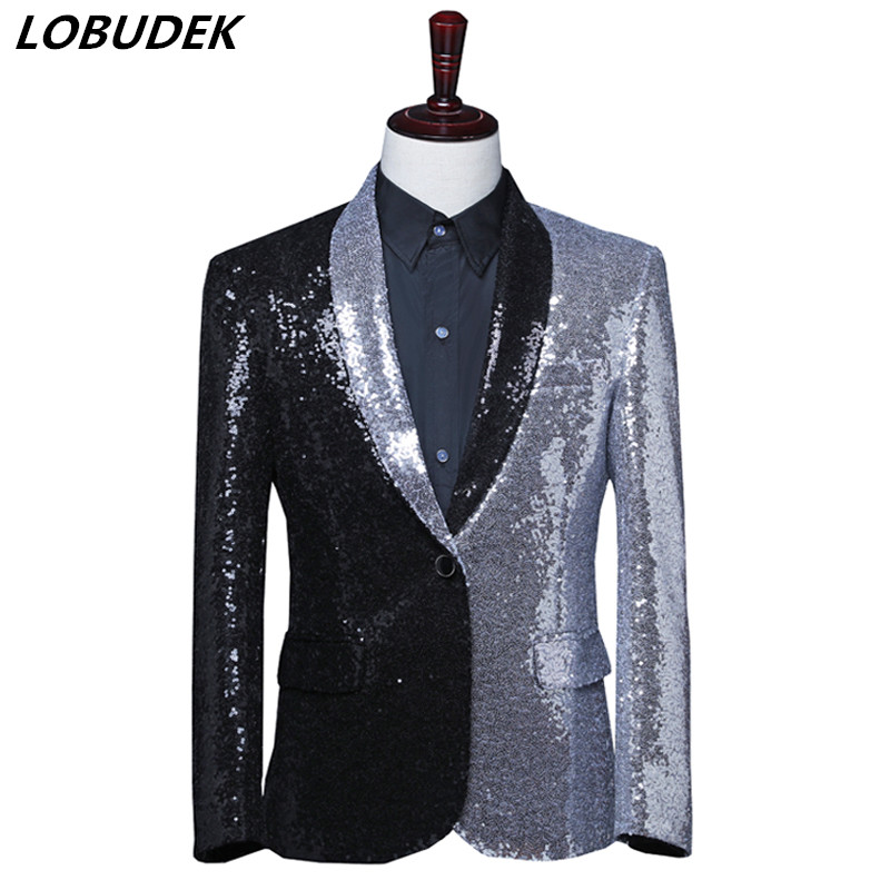 Men' Black Silver Sequins Splicing Shawl Collar Suit Jackets Asymmetric Tuxedo Blazer Stage Singer Host Performance Slim Coat, Silver black coat 
Men' Black Silver Sequins Splicing Shawl Collar Suit Jackets Asymmetric Tuxedo Blazer Stage Singer Host Performance Slim Coat, Silver black coat