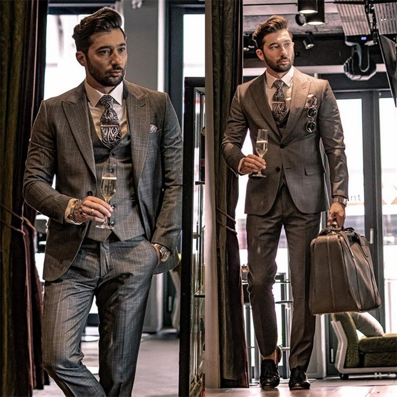 3piece gray plaid pattern formal wedding tuxedos slim fit business party blazer suit two button peaked lapel men suits
