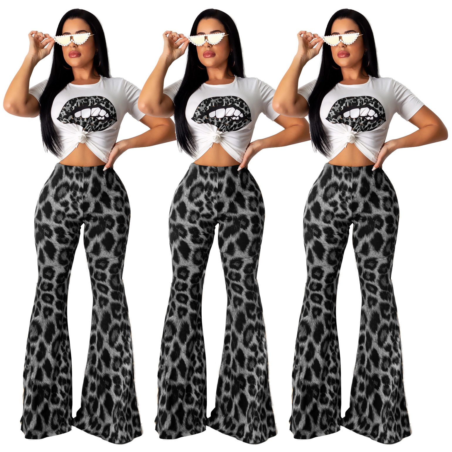 pants Spot 2023 European spring and summer fashion sexy leopard lips printed bell-bottom two-piece suit support mixed batch