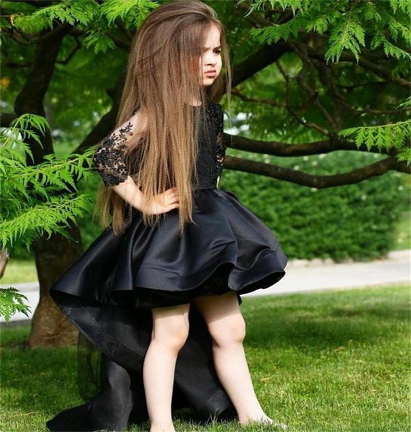 hot sale black hilo flower girl dress jewel neck long sleeves appliqued lace elegant ruched satin pageant gown birthday gown custom made