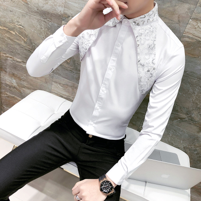 Hot Men Shirt Slim Fit Long Sleeve 2020 Spring Tuxedo Shirt Men Sexy Lace Patchwork Casual Party Dress Shirts Mens Black/W