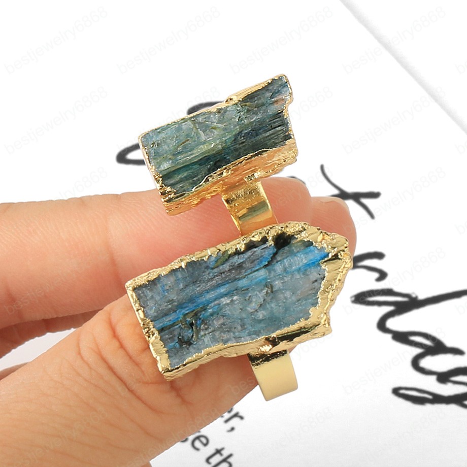 Natural Stone Gold-color Adjustable Ring Irregular Black Tourmaline Blue Crystal Finger Rings for Women Trendy Jewelry