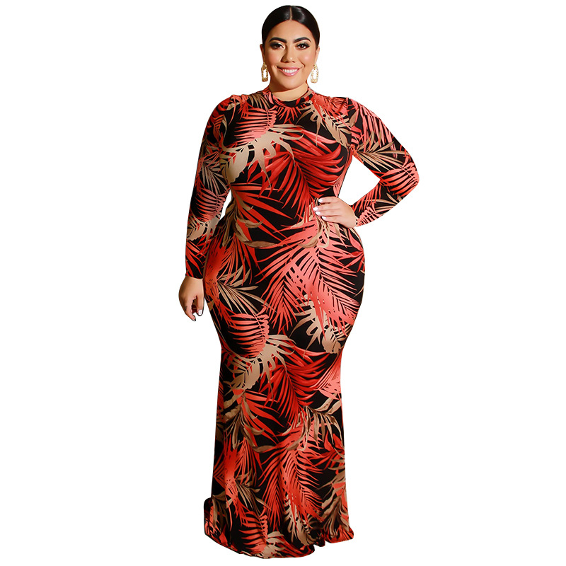 arab dubai plus size long dress tightfitting sexy bag hip hollow waistband dress long sleeves leaf print long womens dress cheap