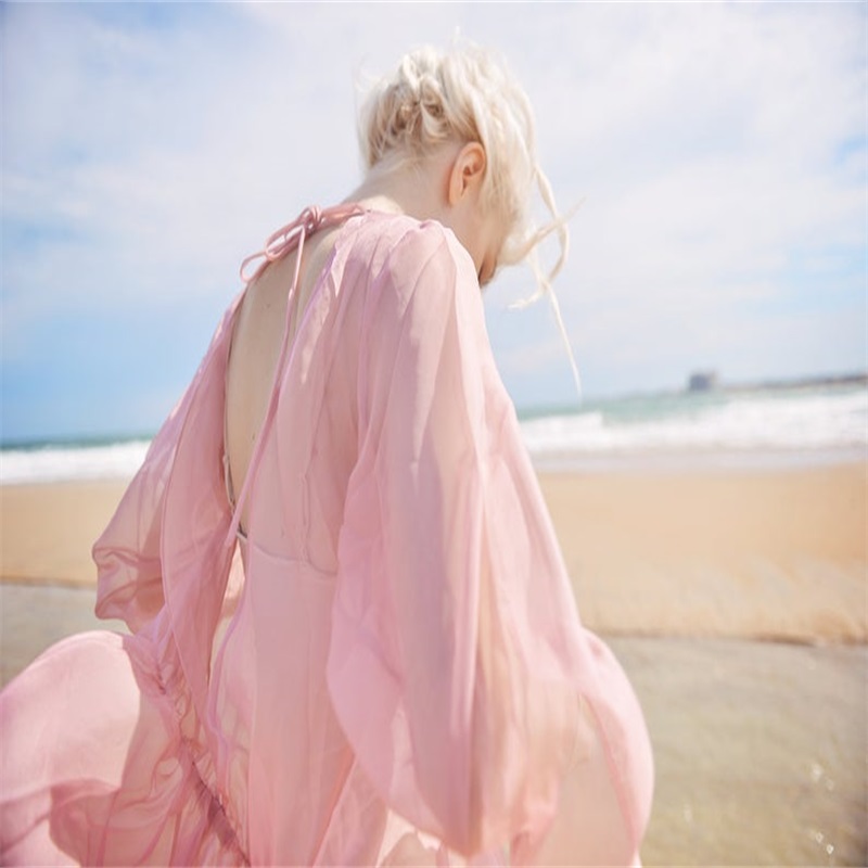 pink chiffon wedding robes vneck long sleeve sexy backless pajamas sleepwear anklelength custom made nightgown for women cheap
