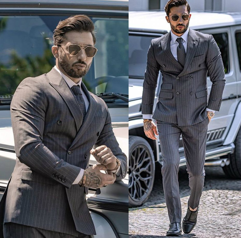 Newest Handsome Dark Grey Stripes Mens Suit New Fashion Groom Suit Formal Wedding Suits For Best Men Slim Fit Groom Tuxedos For Man