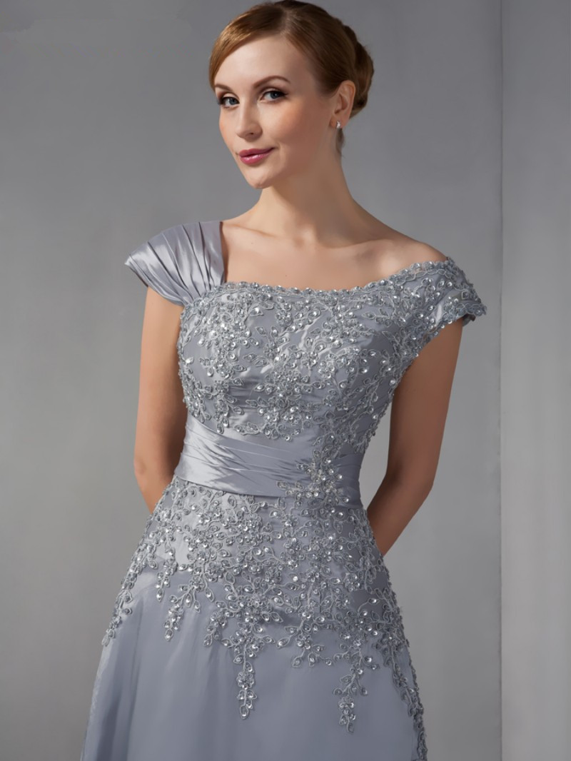 Gray Mother Of The Bride Dresses A-line Cap Sleeves Chiffon Lace Beaded Long Elegant Groom Mother's Dresses For Wedding Evening Dress