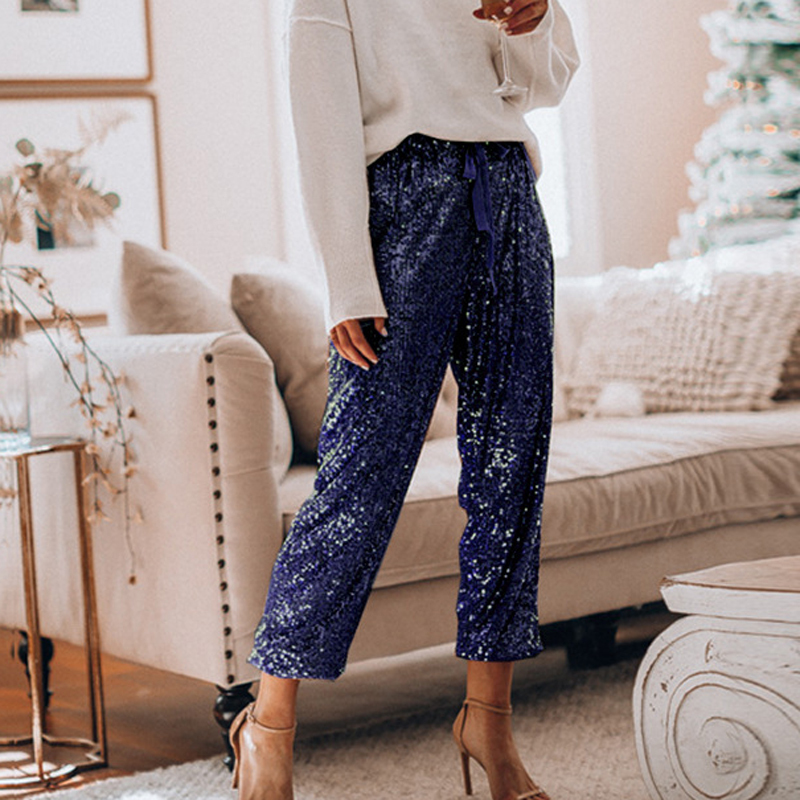 Sexy Sequined Glitter Shiny Long Pants Women 2020 Spring Casual Elastic Straight Sweatpants Lady Streetwear Loose Belt Trousers T200727