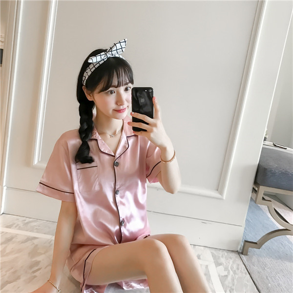 JULY'S SONG 2020 New Spring Summer Women Faux Silk Pamas Set Simple Pure Color Leisure Nightwear Short Sleeves Sleepwear