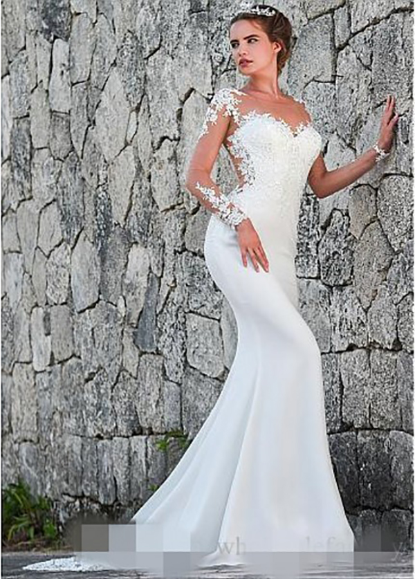 2020 Illusion Back Mermaid Dresses Long Tulle Sleeves Lace Applique Chiffon Custom Made Beach Wedding Gown Vestido De Novia