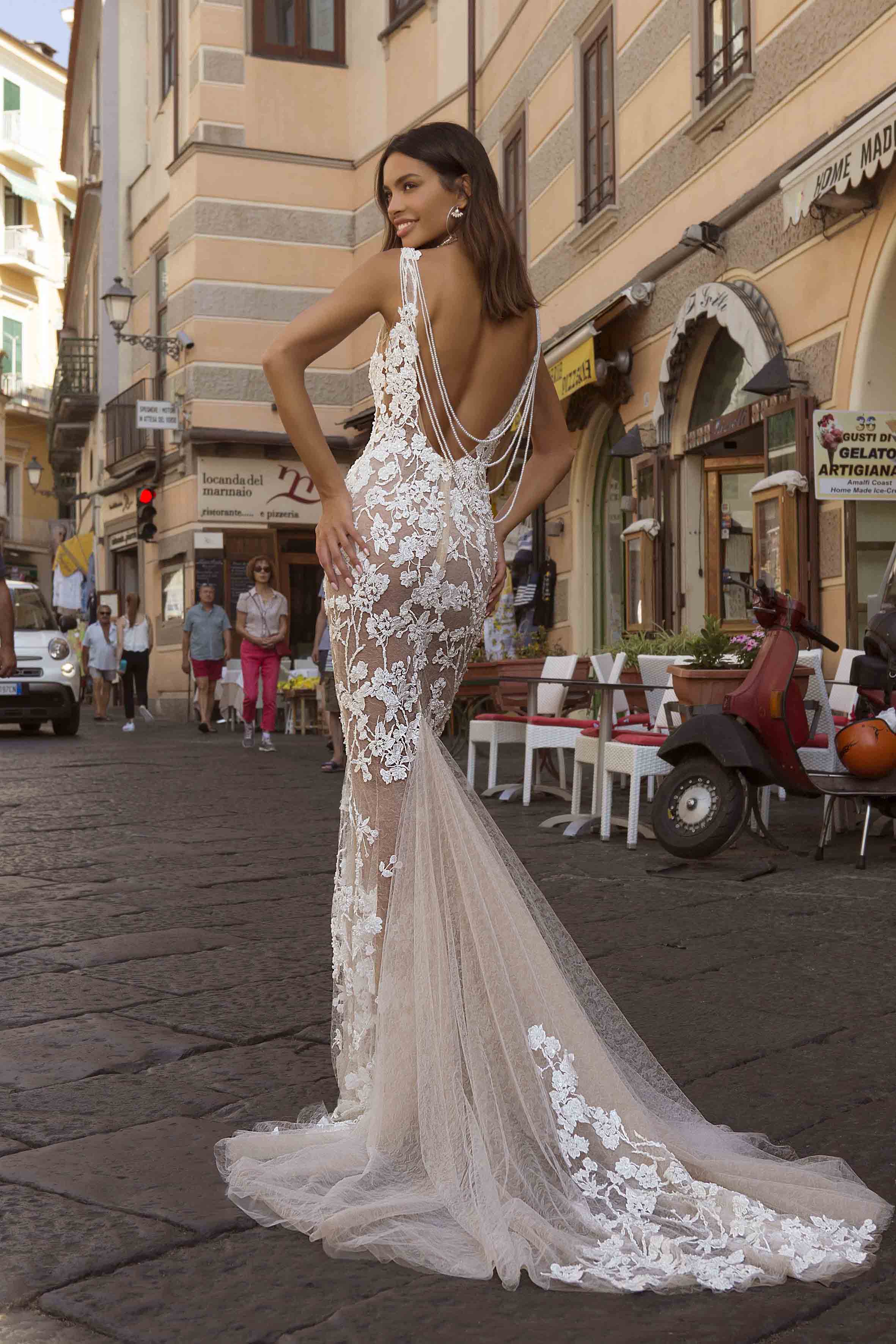 Sexy Berta 2021 Mermaid Backless Wedding Dresses Illusion V Neck Lace Appliqued Beaded Wedding Dress Bridal Gowns robes de mariée
