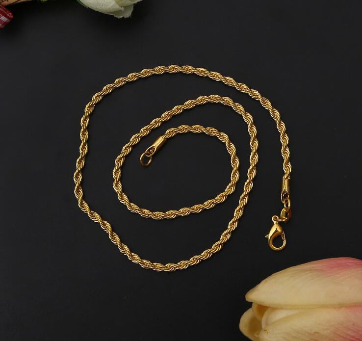 HIPHOP Men women Necklace plating 18KC Gold 3MM Rope chain Necklace 16"/18"/20"/22"/24" /26"//28" /30" for Pen