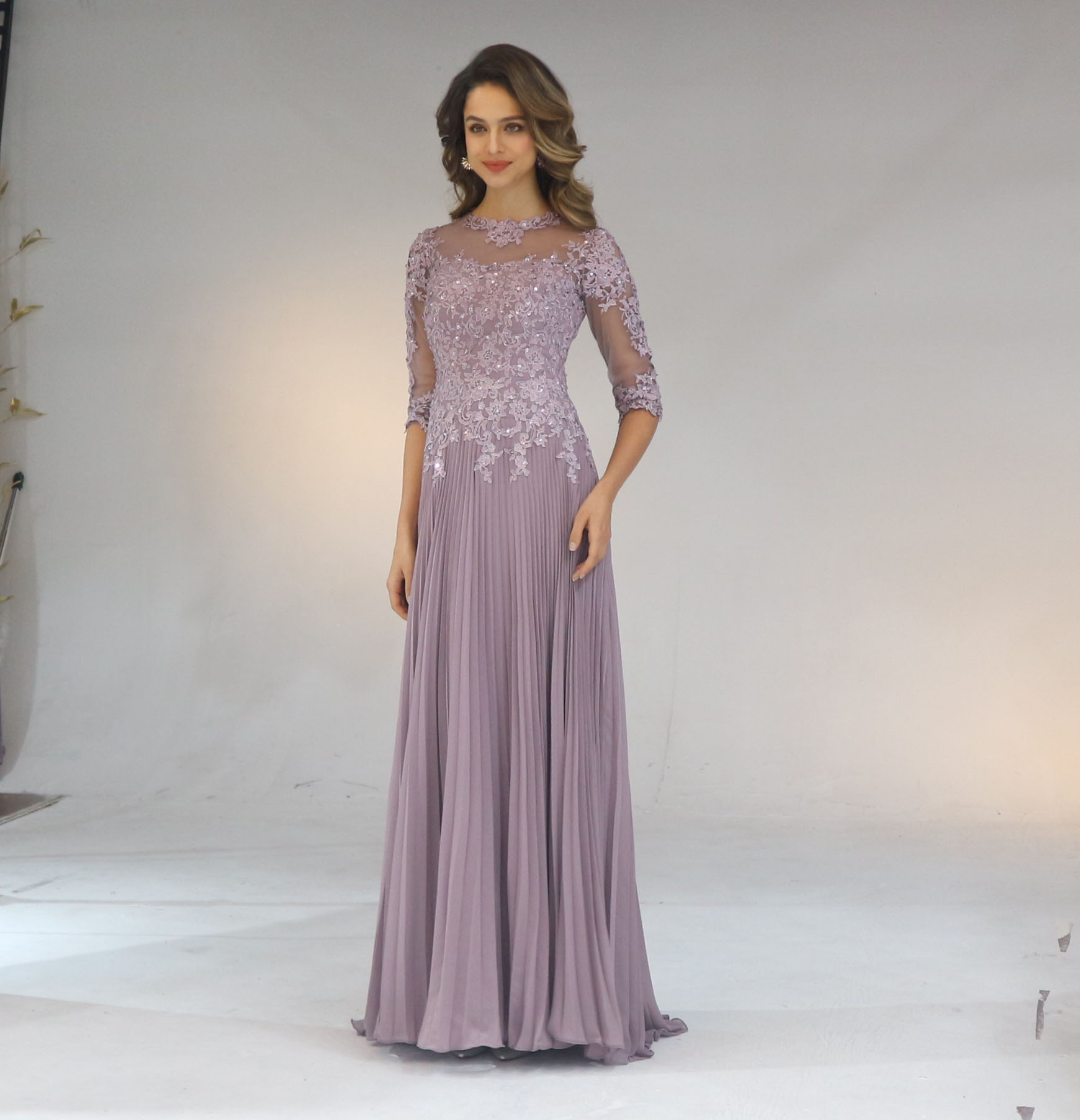 Werbowy Dress Chiffon Pleated Lace Applique A Line With 1/2 Sleeves Mother Of The Bride Dress Long Appliques Mother's Evening Dresses