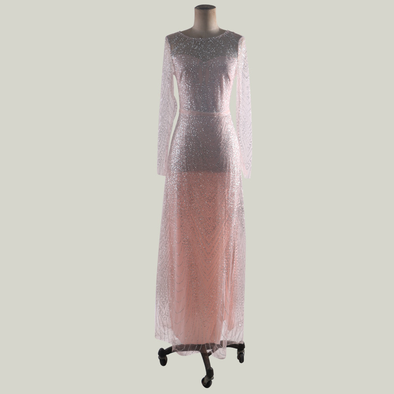 newest glitter sequins pink aline women prom dress bling jewel long sleeves evening dress anklelength party dress hot sale