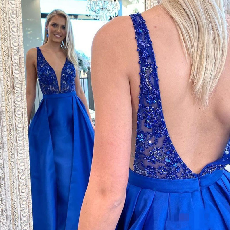 Royal Blue V Neck A Line Evening Dresses Satin Beaded Crystals Backless Gorgeous Evening Dress Pageant Gowns Custom Made Evening Gown