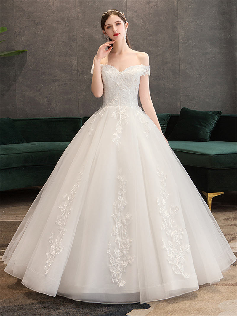 Plus Size Lace Flowers Peals Wedding Dresses Simple Elegant Wedding Gowns Bride Dress Boda robe de mariee Boat neck Off Shoulder