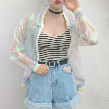 Harajuku Summer Women Jacket Laser Rainbow Women Basic Coat Clear Iridescent Transparent Bomber Jacket Sunproof, Multi 
Harajuku Summer Women Jacket Laser Rainbow Women Basic Coat Clear Iridescent Transparent Bomber Jacket Sunproof, Multi