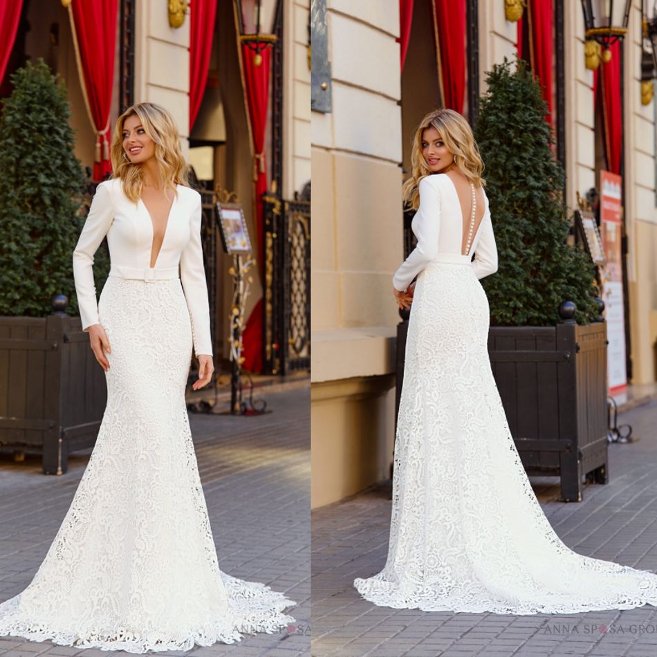 2020 Fashion Wedding Dresses V Neck Long Sleeves Lace Satin Mermaid Bridal Gowns Custom Made Button Back Sweep Train Wedding Dress, White
2020 Fashion Wedding Dresses V Neck Long Sleeves Lace Satin Mermaid Bridal Gowns Custom Made Button Back Sweep Train Wedding Dress, White