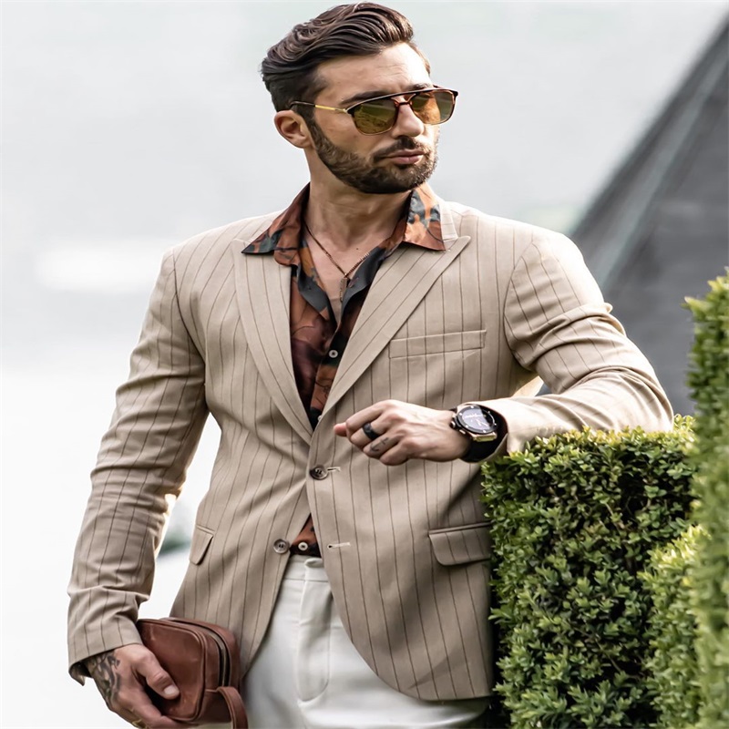 custom made 2piece khaki stripes coatwhite pant wedding tuxedos men suits peaked lapel fit business prom party blazer suits