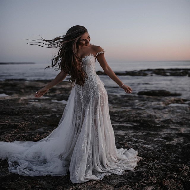 hot sale sexy offshoulder beach wedding dresses aline sleeveless illusion back appliqued lace sequins bridal gown bohemian bridal dress