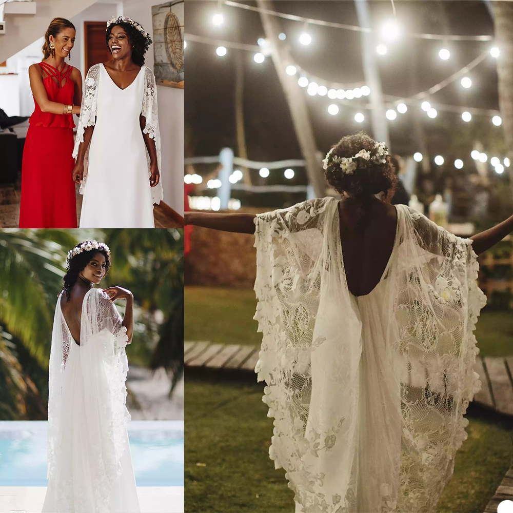 hot simply satin a line wedding dresses v neck capped lace long sleeve bridal gowns plus size wedding dress robes de marie