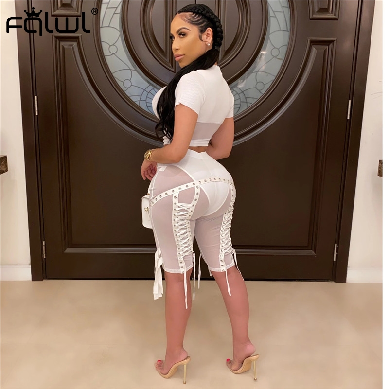 Women's Shorts Lace Up See Through White Mesh Women Bandage Spandex High Waist Female Ladies Sexy Club Black