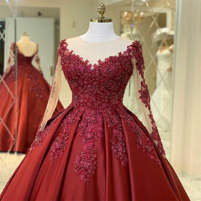 2020 Red Royal Illusion Prom Dresses Ruched Satin Jewel Long Sleeves Appliqued Bead Evening Dress Party Wear Custom Made Luxury Formal Gowns