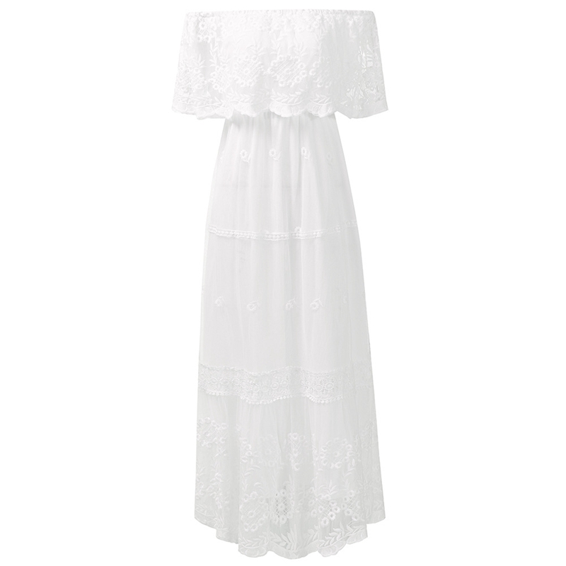 Women Lace Maxi Dresses Off Shoulder Solid White Long Dress Fashion Summer Flounce High Waist