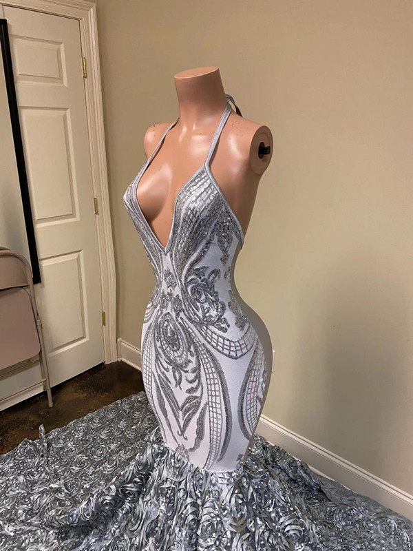 Real image Mermaid Silver Evening Formal Dresses 2020 Halter Sparkly Lace Sequins 3D Rose Floral Long Train Backless Prom Gowns