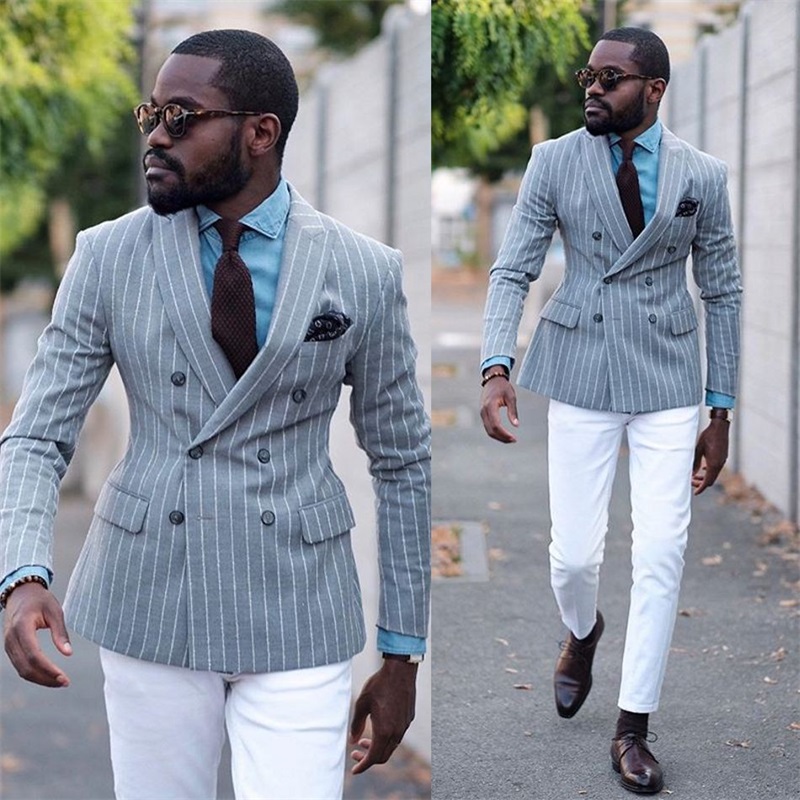 2-piece Handsome Light Grey Stripe Groom Suit Peaked Lapel Blazer Suits Tuxedos Custom Made Fit Slim Formal Business Men Suits