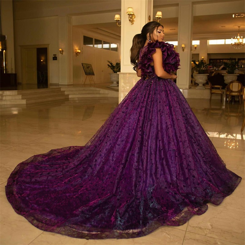 Purple Gorgeous Evening Dresses Sequins Feather Appliqued A-line Prom Dress Luxury Sweep Train Custom Made Backless Formal Gowns