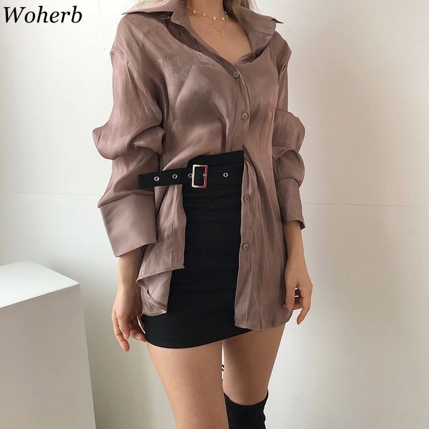 Woherb Korean Vintage Long Sleeve Blouse Women Casual Solid Shirt 2020 New Modis Spring Summer Tops Vest Bandage Blusas CX200711